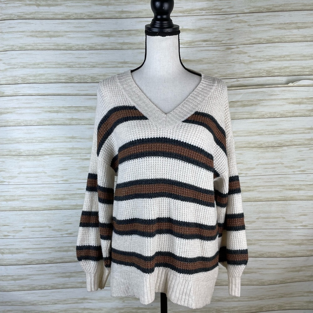 American Eagle Neutrals Wide Stripe Oversized v Neck Knit Sweater
